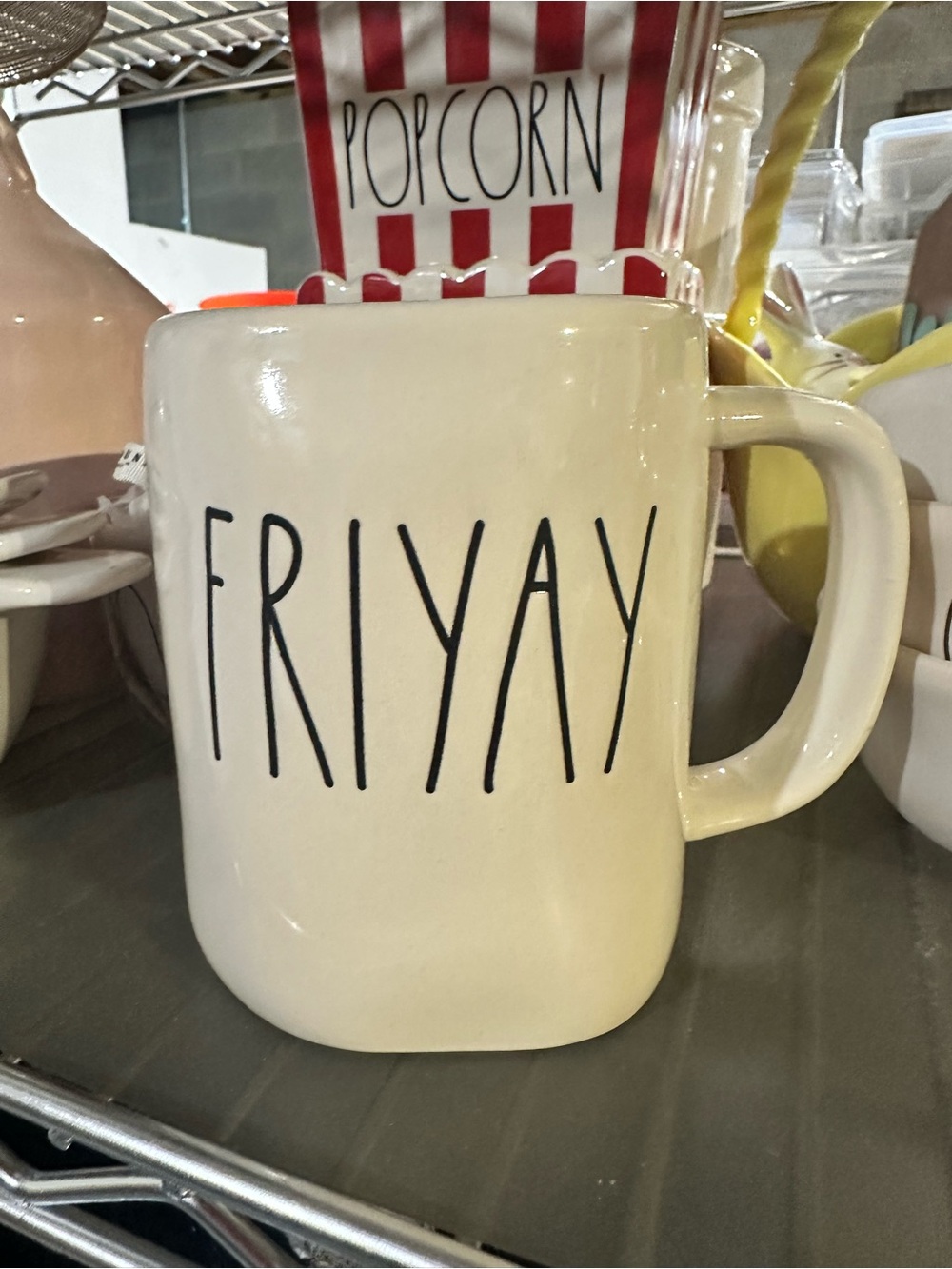 Rae Dunn FRIYAY Ceramic Mug in Cream with Black Lettering